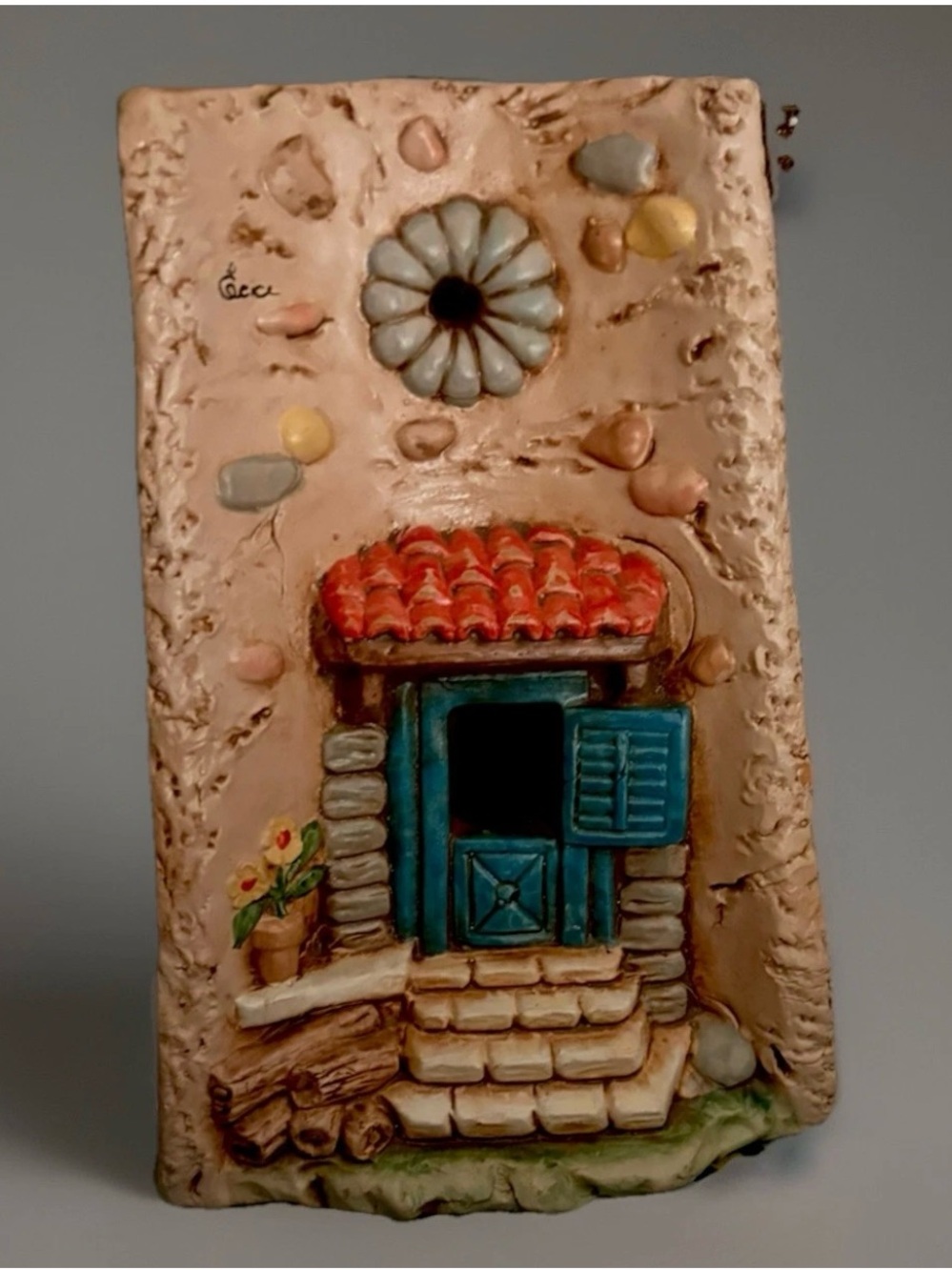 Home Art Sculpture Ceramic Cottage Wall Plaque in Beige and Teal